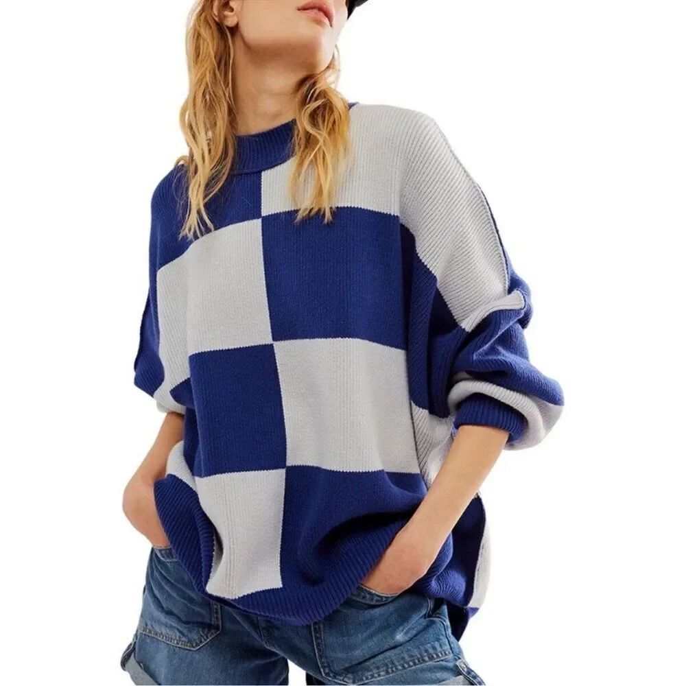 NWT Free People Easy Street Sweater Blue and White Checkered